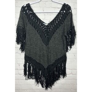 Cecico black crochet hippie boho fringe v-neck sweater‎ sz S